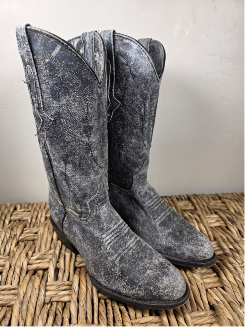 Vaccari Mens 7.5 Rough Out Black Gray Leather Cowboy Western Boots Mexico Rodeo